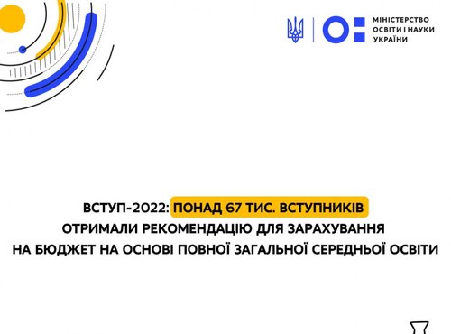 ВСТУП-2022: понад 67 тис. вступників отримали рекомендацію для зарахування на бюджет на основі повної загальної середньої освіти