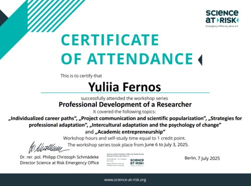 Participation of Yuliia Fernos in the Workshop Series “Professional Development for Researchers”