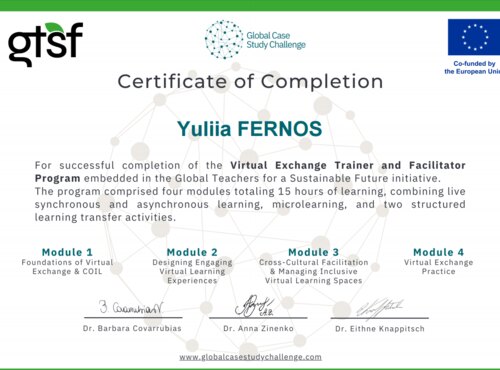 Участь Юлії Фернос у міжнародній програмі віртуального обміну  Virtual Exchange Trainer & Facilitator Program